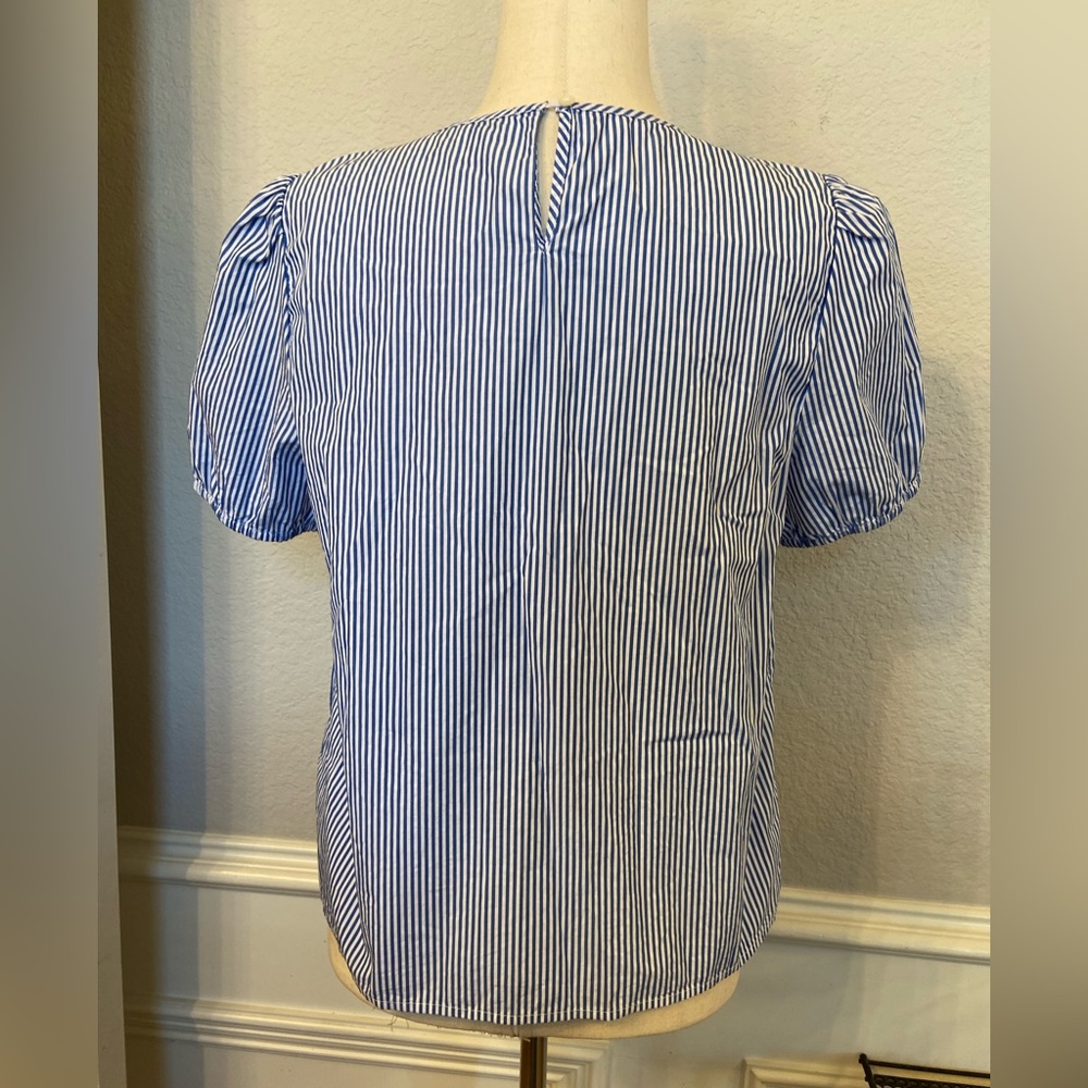 J.Crew Factory Top Women Blue White Pinstripe Short Sleeve Cotton Petite Large - Picture 2 of 10